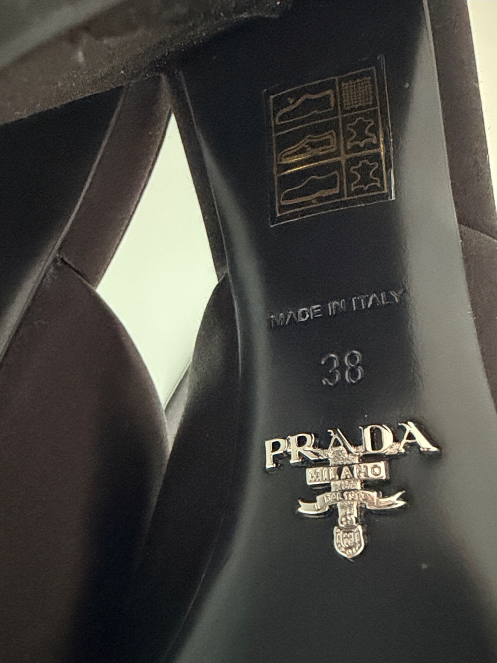 Prada Black Satin Logo Mule Heels with Silver Plaque Size 38 - Picture 5 of 8